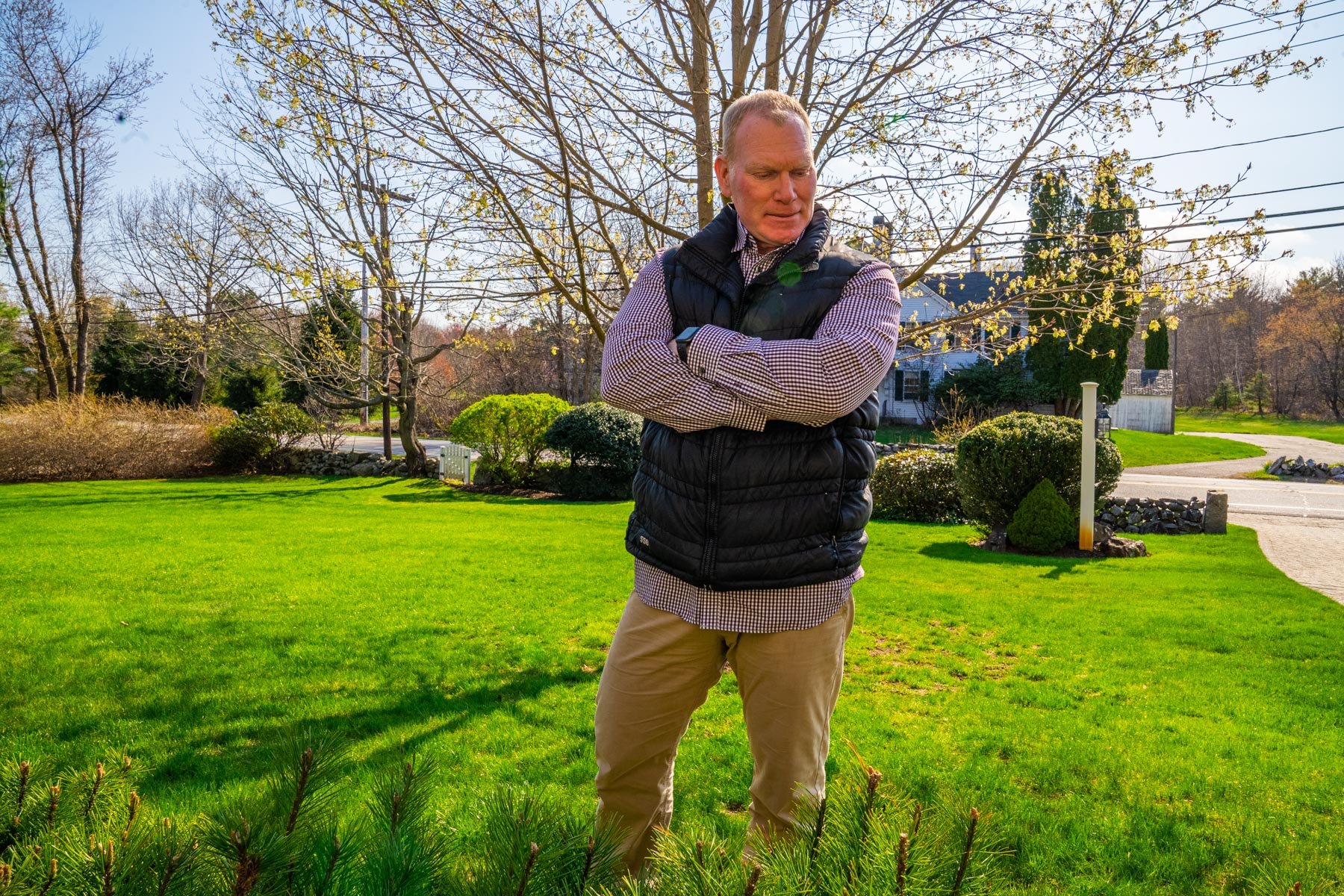 concerned homeowner looks at diseased shrubs